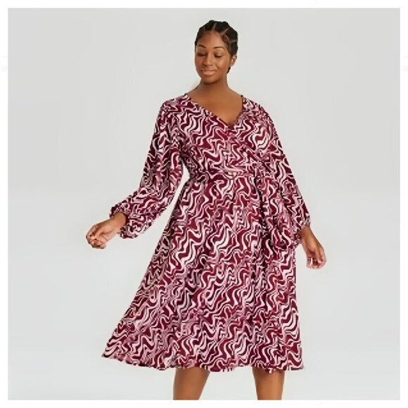 Ava & Viv Dresses & Skirts - Ava & Viv Women's Plus Size 0X Faux Wrap Dress  Cranberry Swirl Long Sleeve Midi